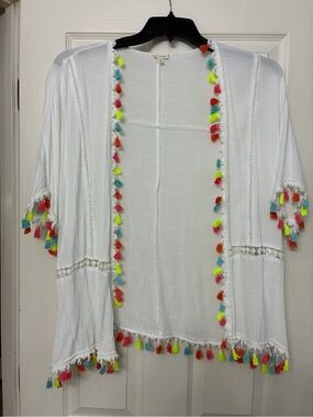 En Creme White Open-Front Tassel Cardigan with Multicolor Tassels
